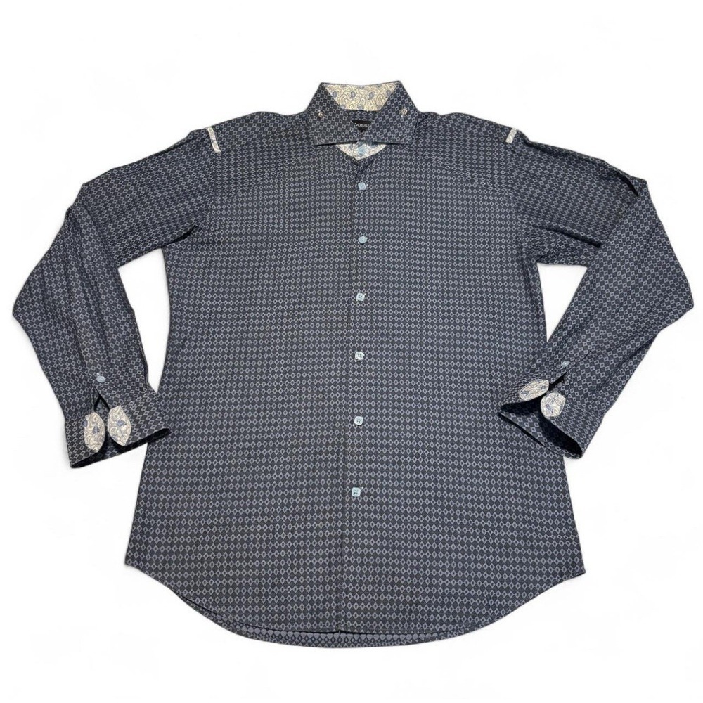 Bogosse Mens 3 Button Up Shirt Blue Diamond Print Paisley Trim Flip Cuff Crystal
